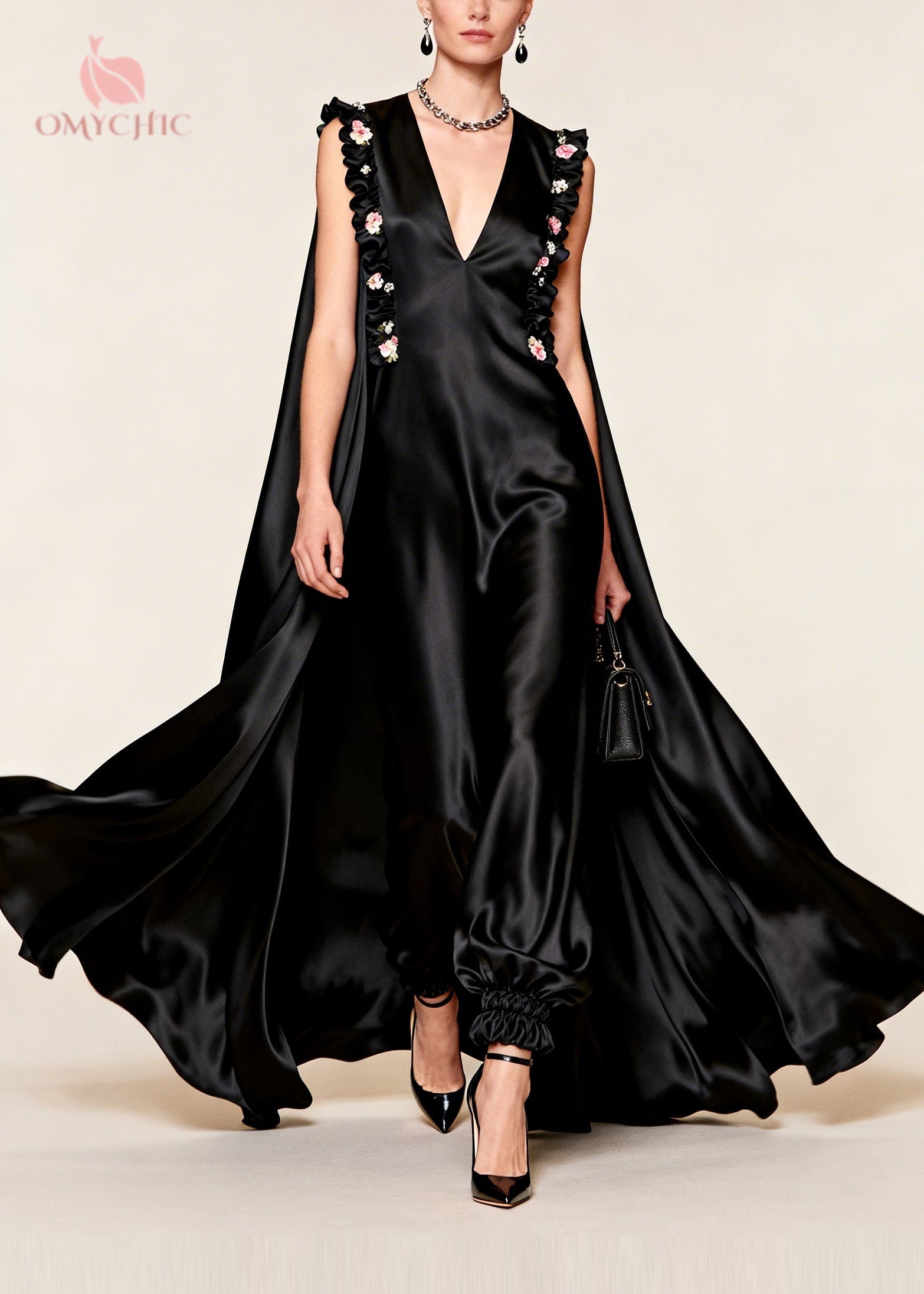 Satin Deep V-Neck Sleeveless Ruffle Trim Cape Maxi Dress