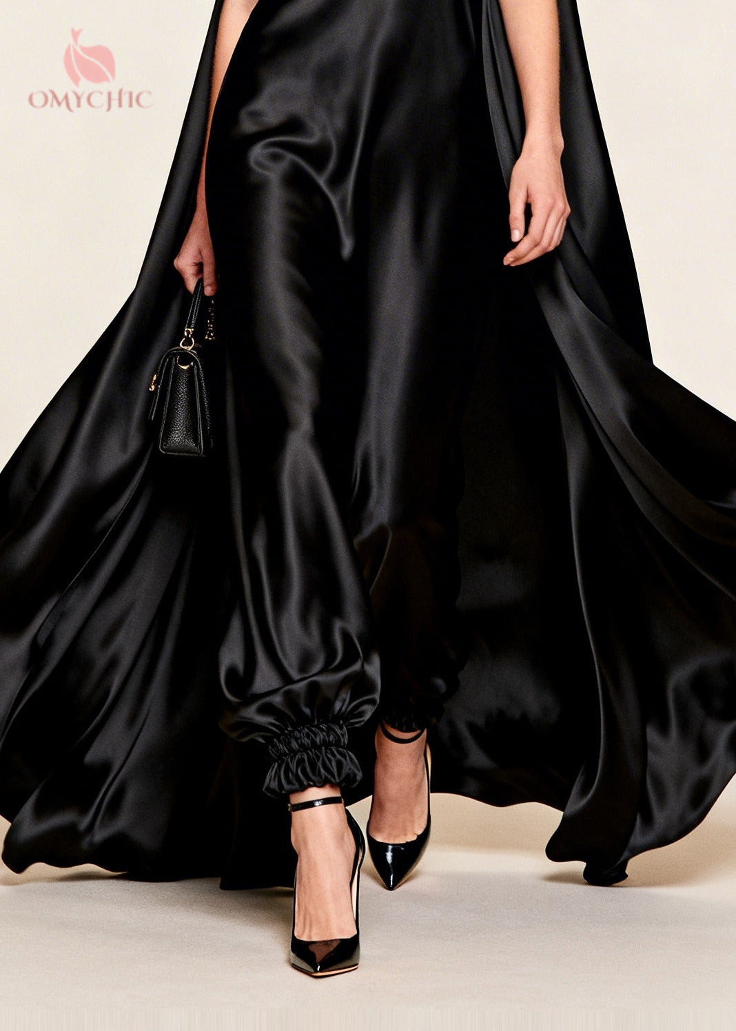 Satin Deep V-Neck Sleeveless Ruffle Trim Cape Maxi Dress