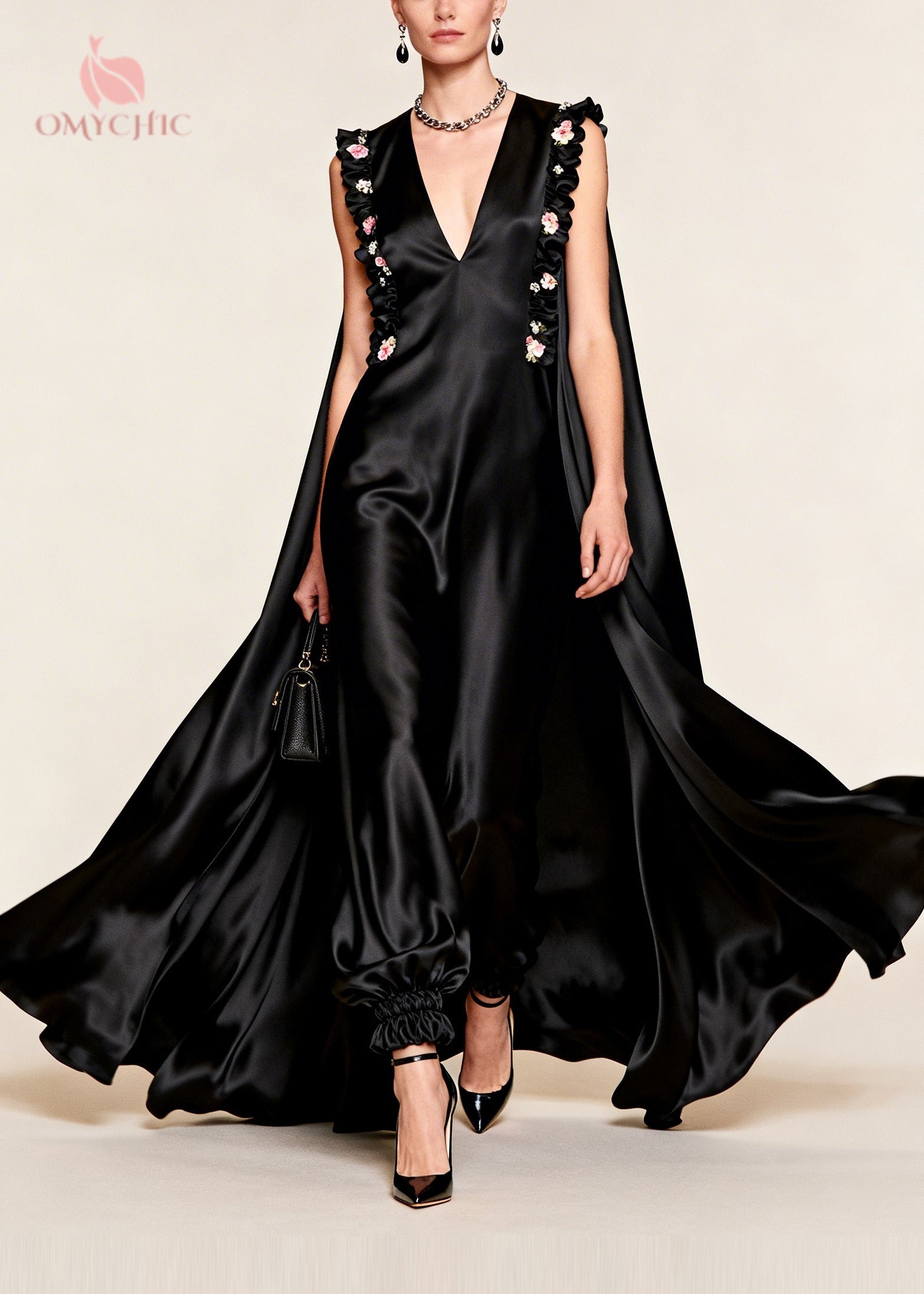 Satin Deep V-Neck Sleeveless Ruffle Trim Cape Maxi Dress