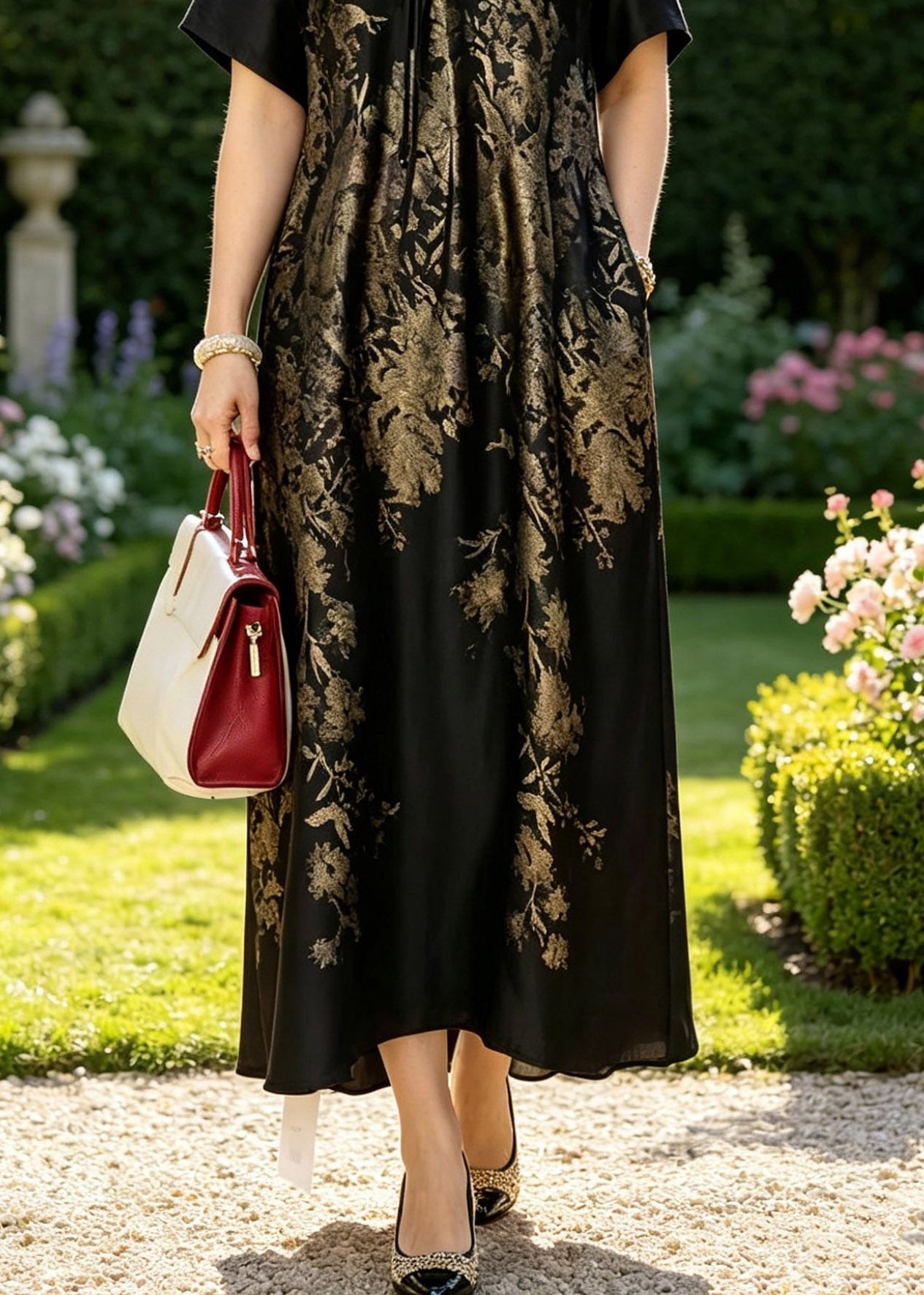 Metallic Floral Print V-Neck Drawstring Neck Short Sleeve Pocket A-Line Maxi Dress