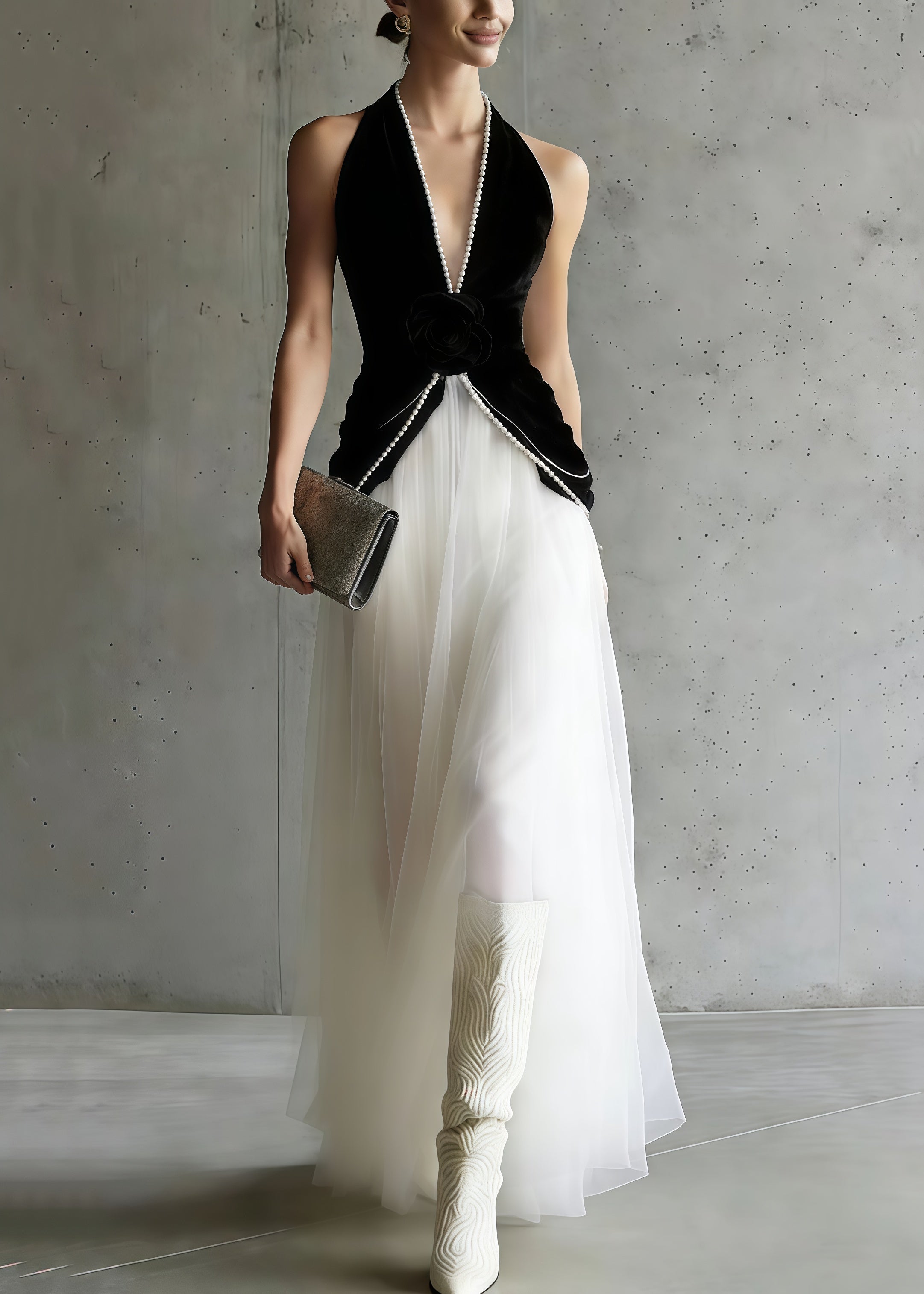 Velvet Halter Neck Deep V-Neck Rosette Tulle Maxi Dress