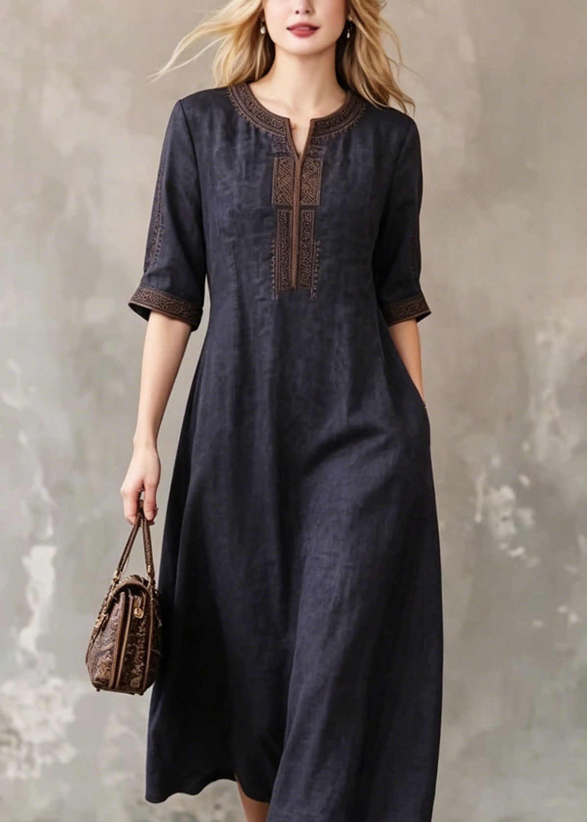 Embroidered Notched Neck Half Sleeve Side Pocket A-Line Midi Dress