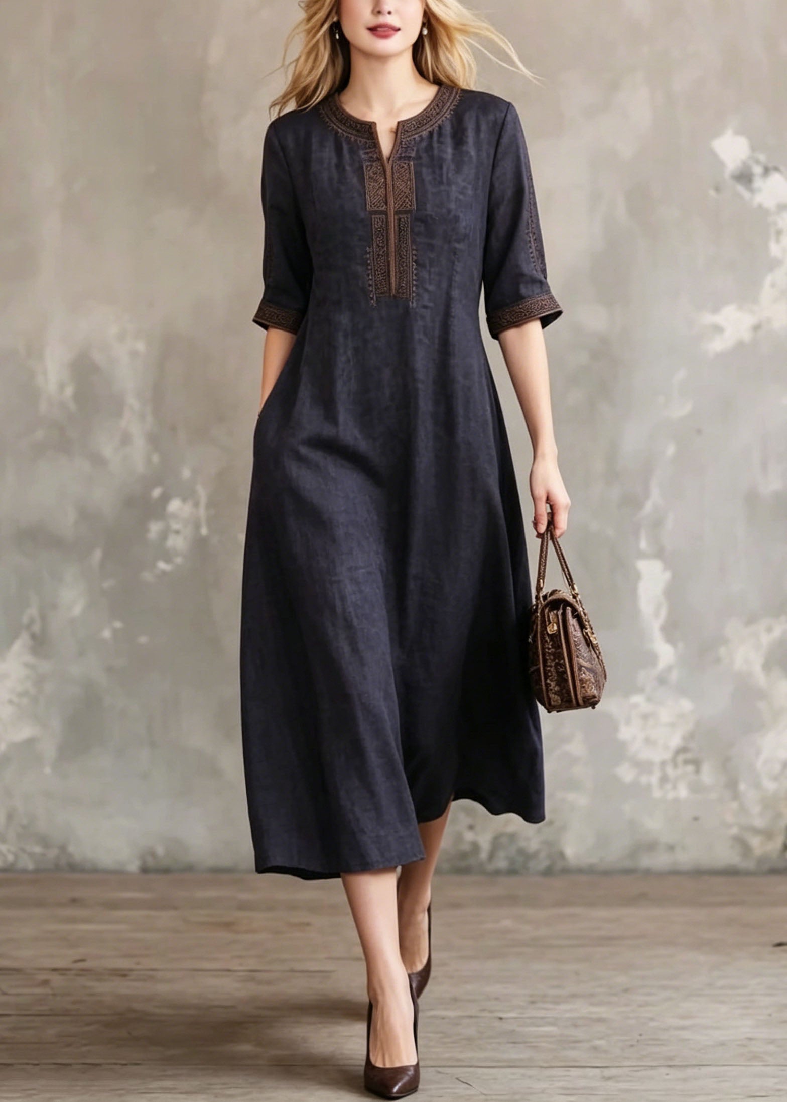 Embroidered Notched Neck Half Sleeve Side Pocket A-Line Midi Dress