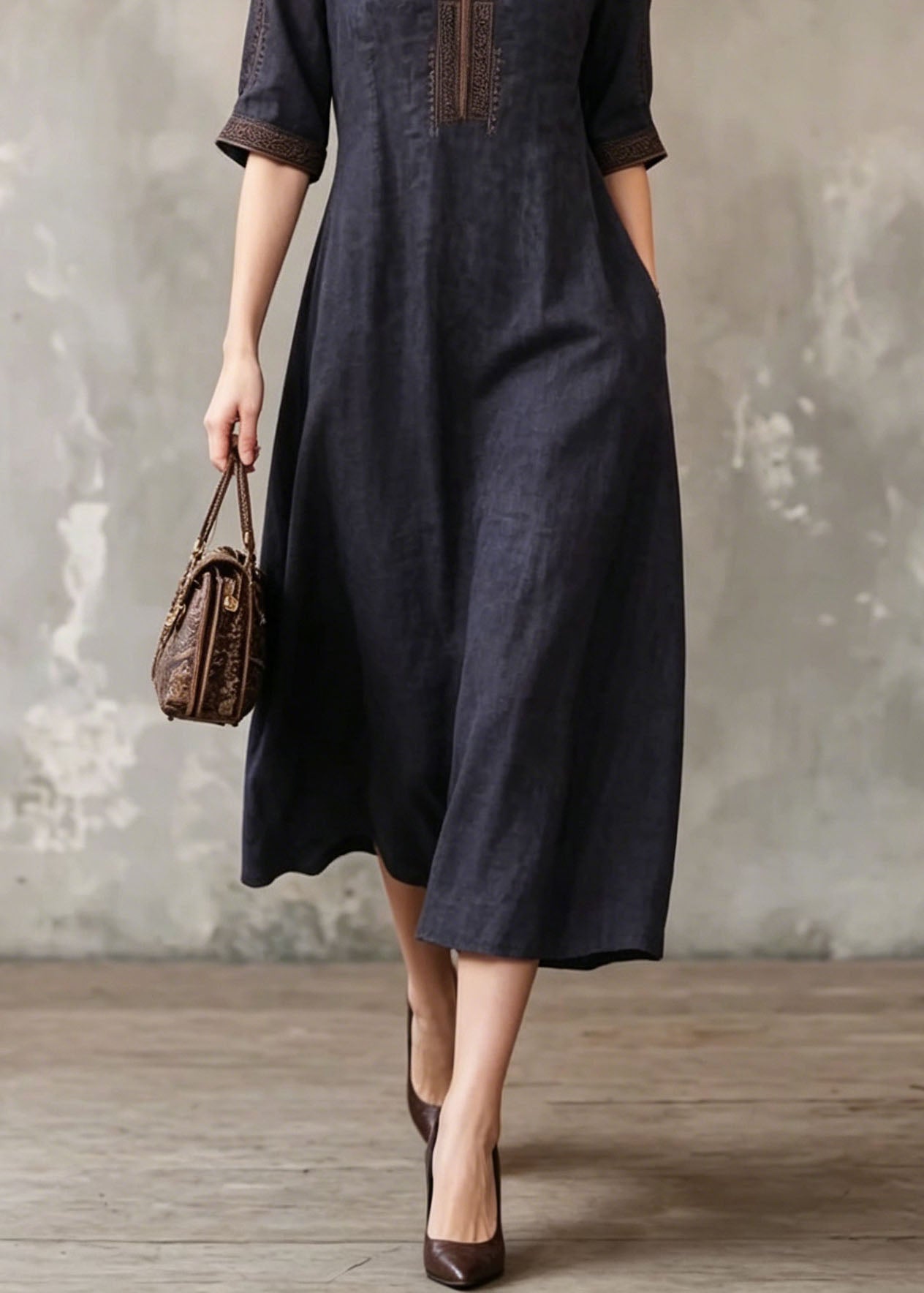 Embroidered Notched Neck Half Sleeve Side Pocket A-Line Midi Dress