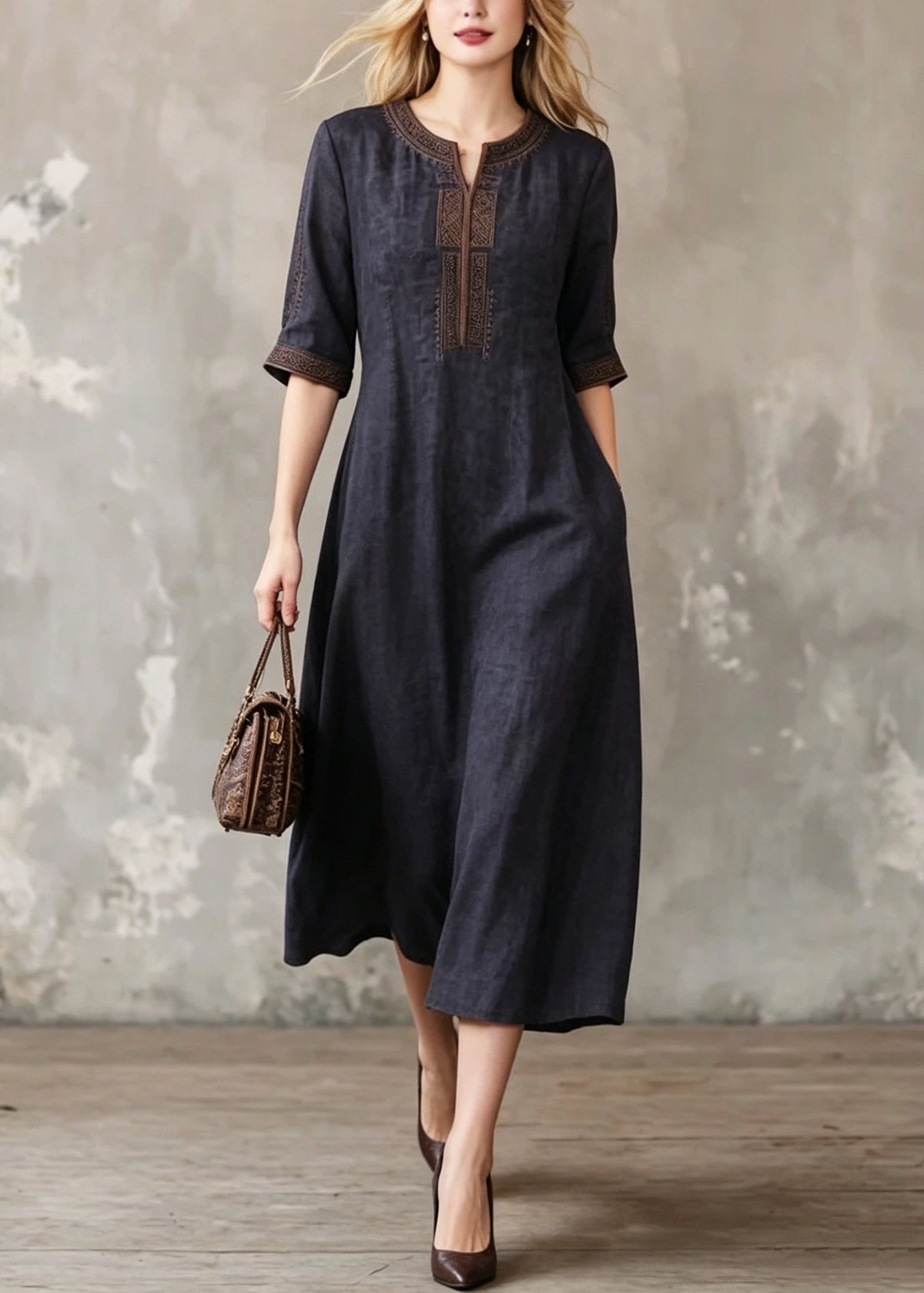 Embroidered Notched Neck Half Sleeve Side Pocket A-Line Midi Dress - View 5