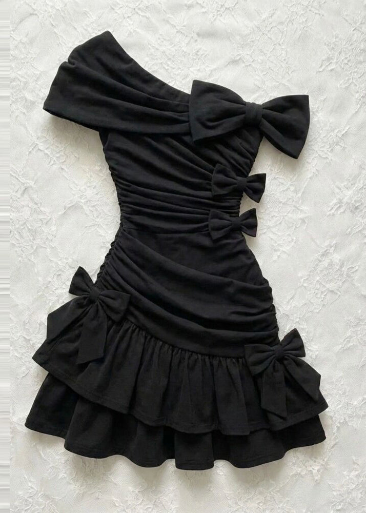 Women Black One Shoulder Bow Wrinkled Cotton Party Dress Summer