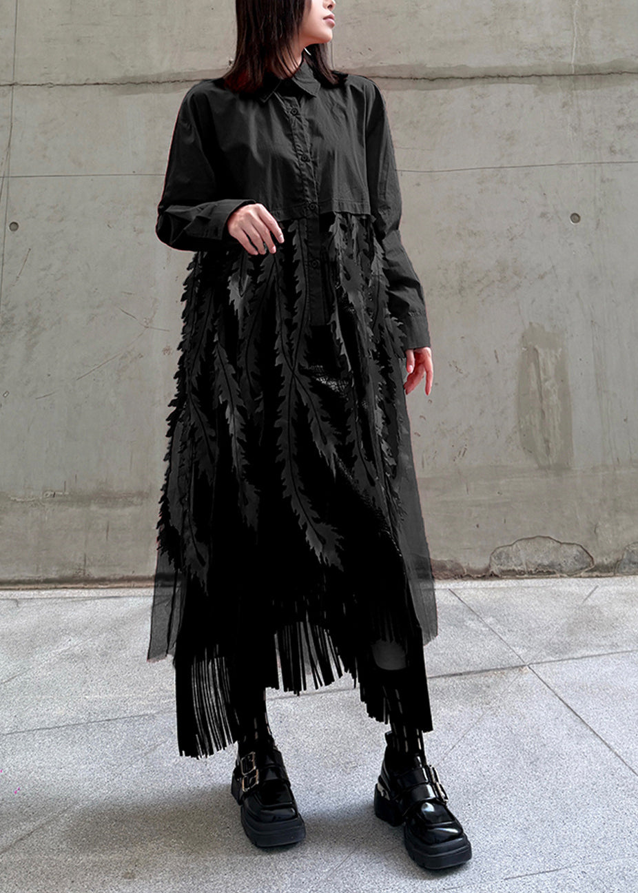 Women Black Peter Pan Collar Tulle Patchwork Cotton Shirts Dress Long Sleeve