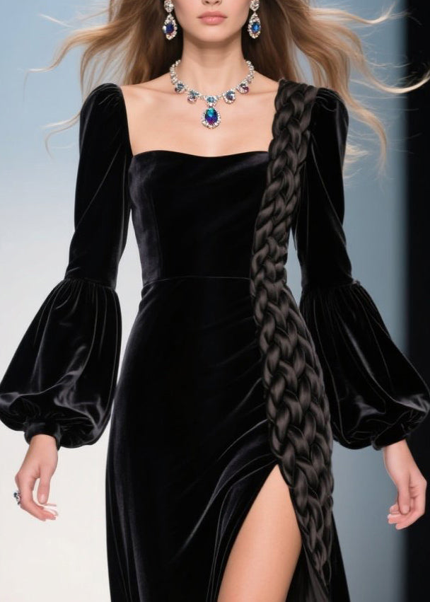 Velvet Square Neck Bishop Sleeve Braid Trim High Split Maxi Gown