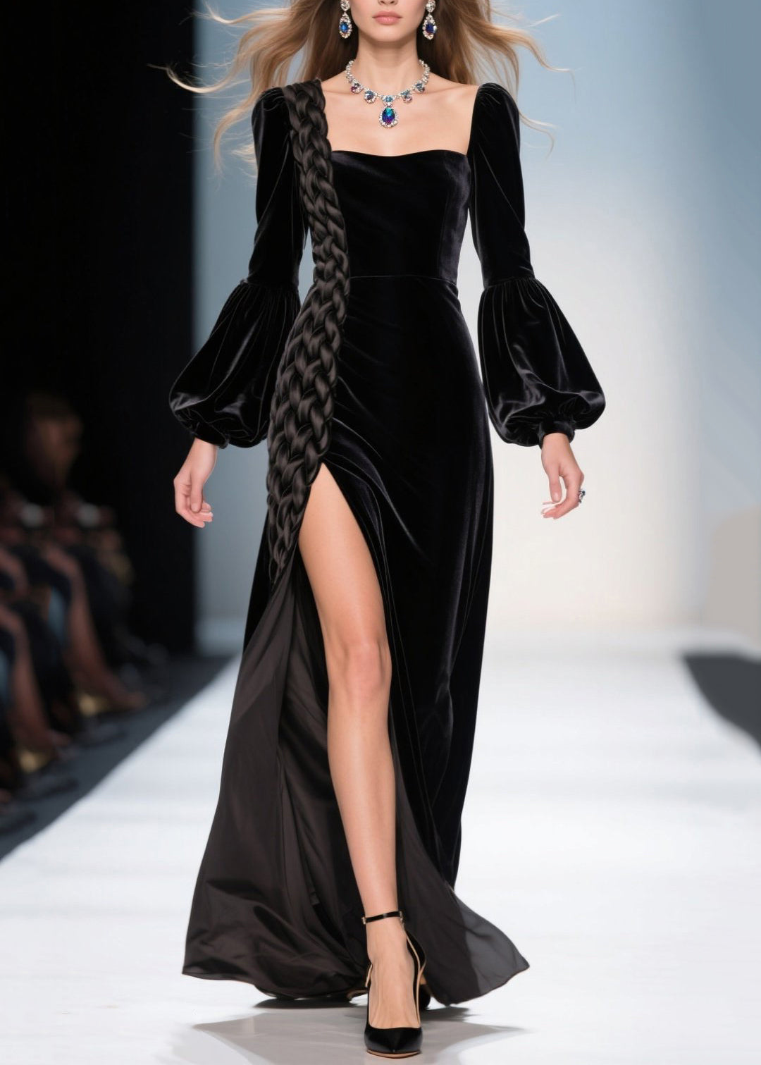 Velvet Square Neck Bishop Sleeve Braid Trim High Split Maxi Gown
