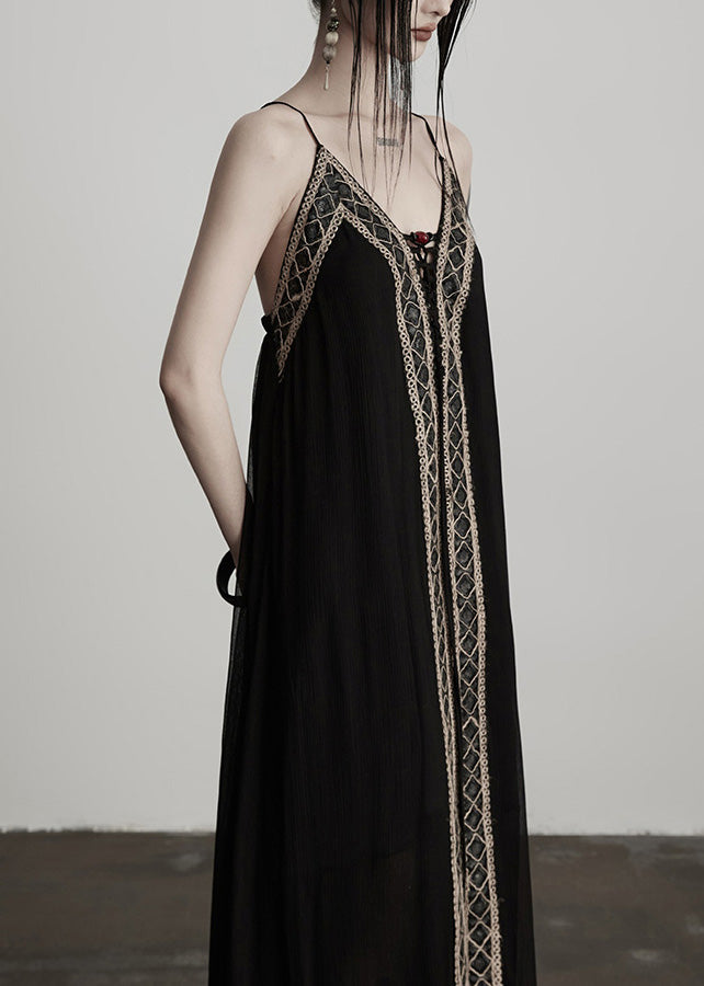 Sheer Deep V-Neck Spaghetti Strap Lace Trim Flowy Maxi Dress