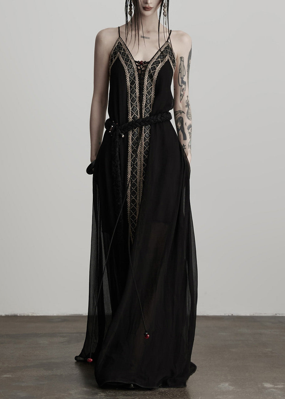 Sheer Deep V-Neck Spaghetti Strap Lace Trim Flowy Maxi Dress