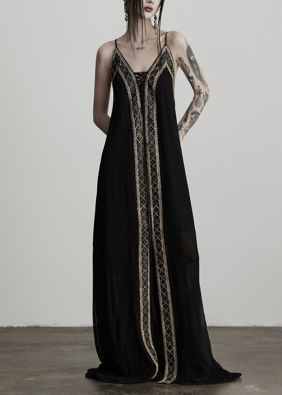 Sheer Deep V-Neck Spaghetti Strap Lace Trim Flowy Maxi Dress