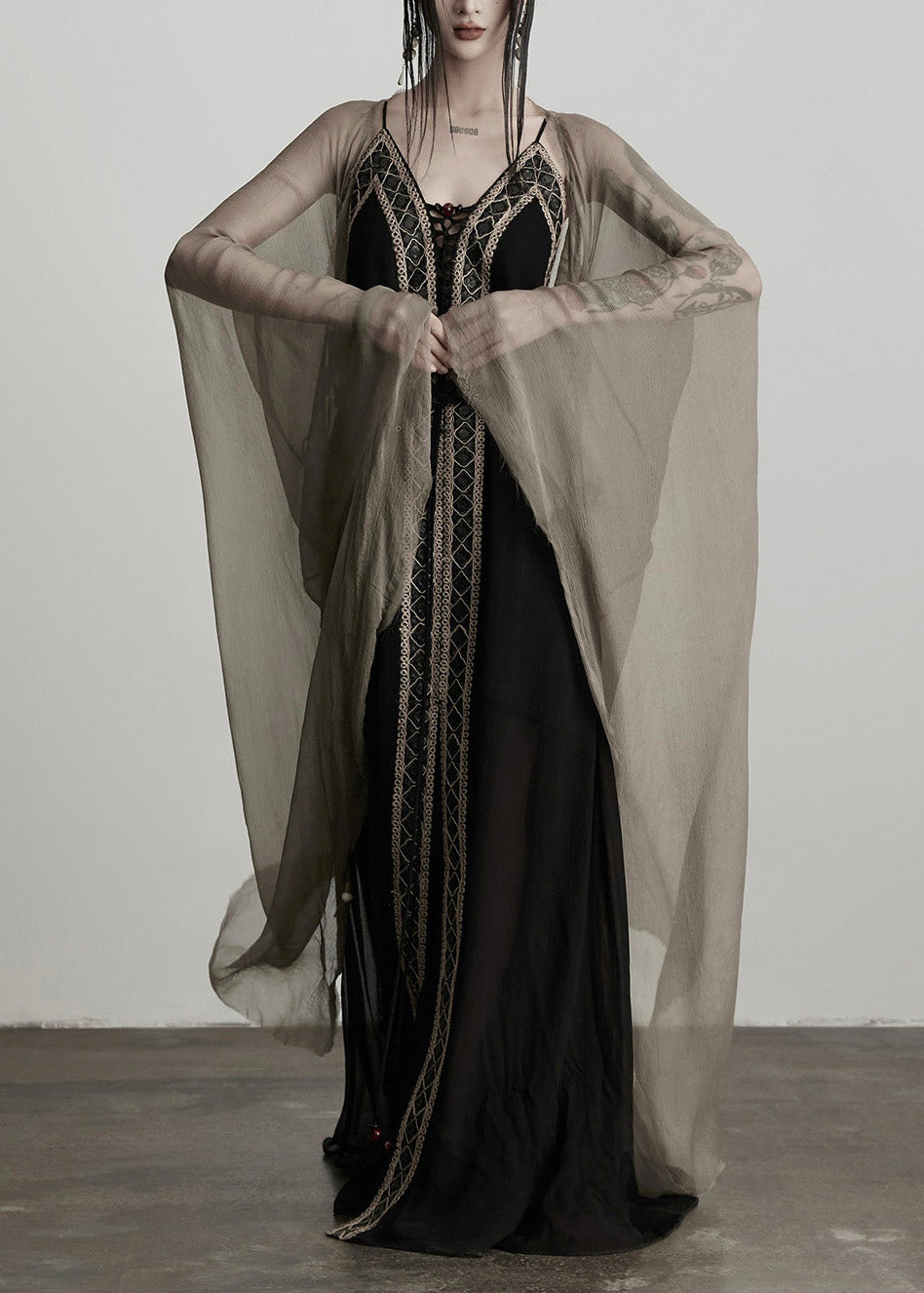 Sheer Deep V-Neck Spaghetti Strap Lace Trim Flowy Maxi Dress