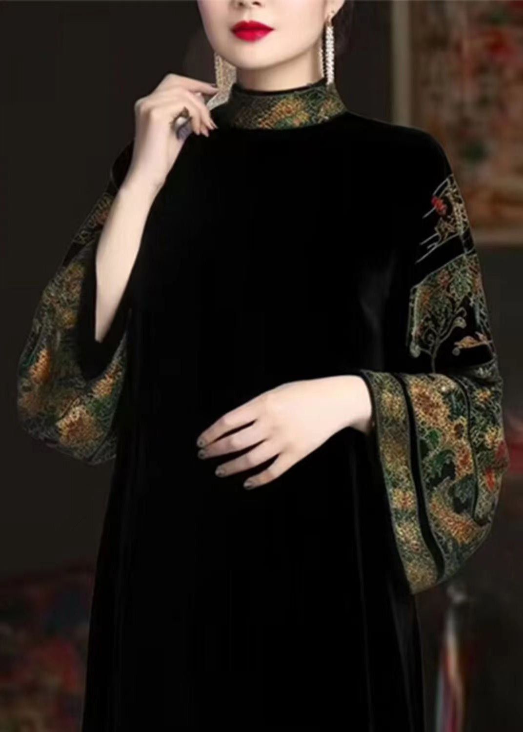 Velvet Embroidered Mock Neck Bell Sleeve Maxi Dress