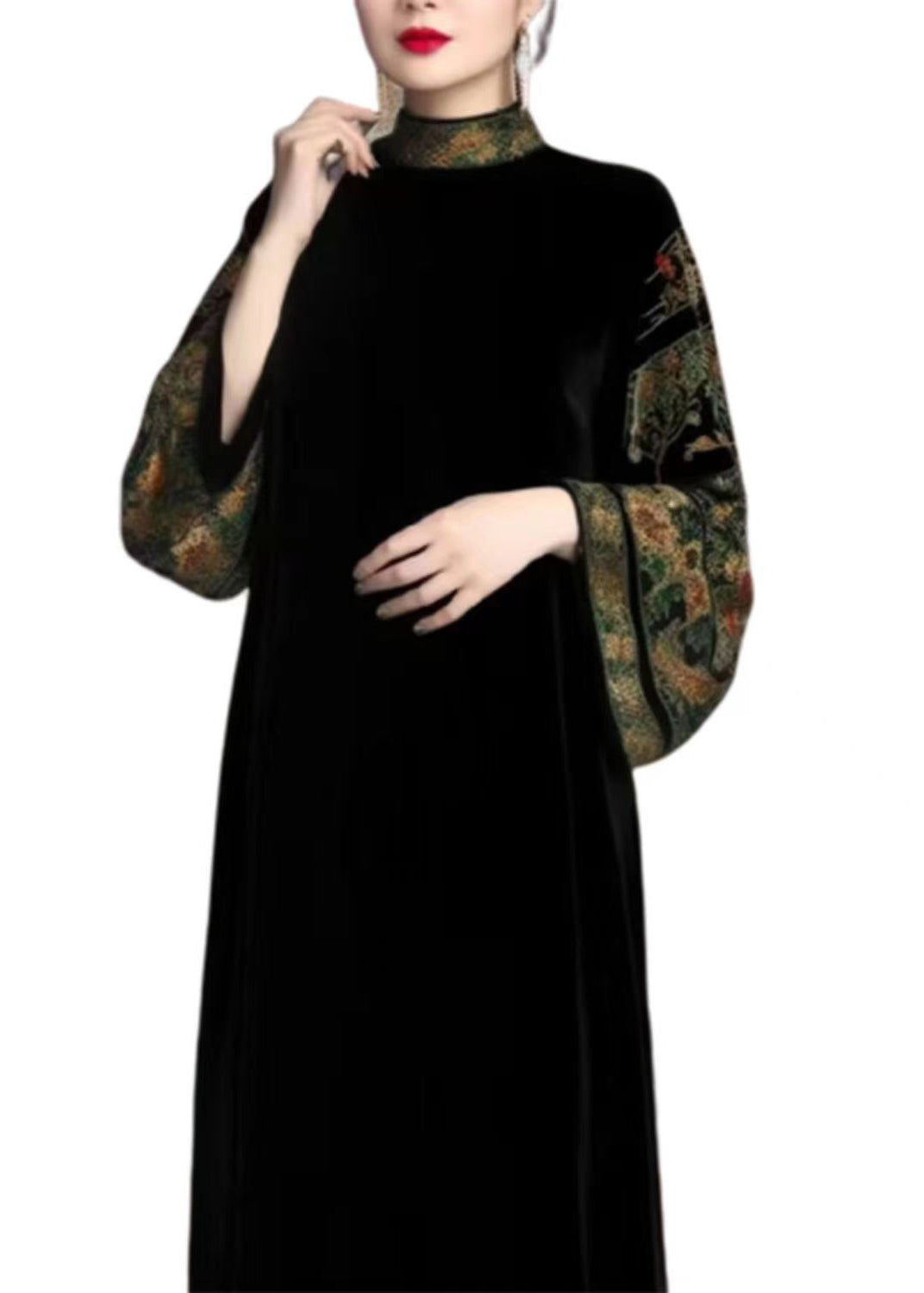 Velvet Embroidered Mock Neck Bell Sleeve Maxi Dress