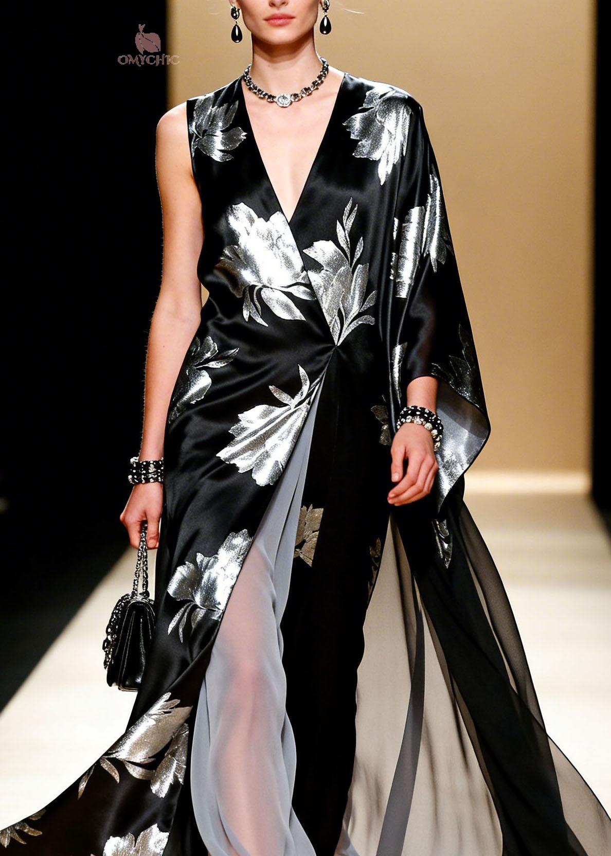 Metallic Floral Print Satin Chiffon Asymmetrical Cape Sleeve Deep V-Neck Maxi Jumpsuit