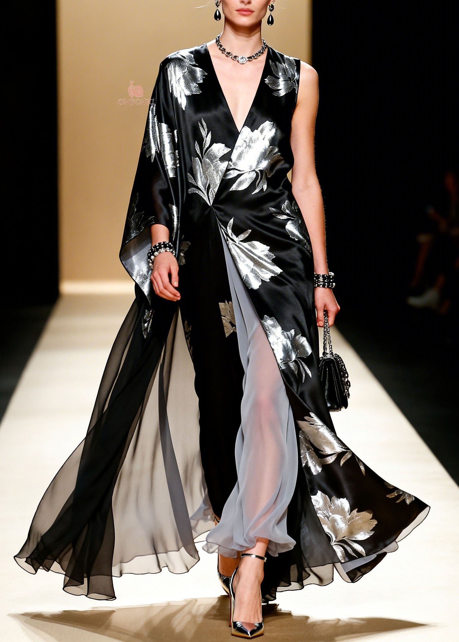 Metallic Floral Print Satin Chiffon Asymmetrical Cape Sleeve Deep V-Neck Maxi Jumpsuit