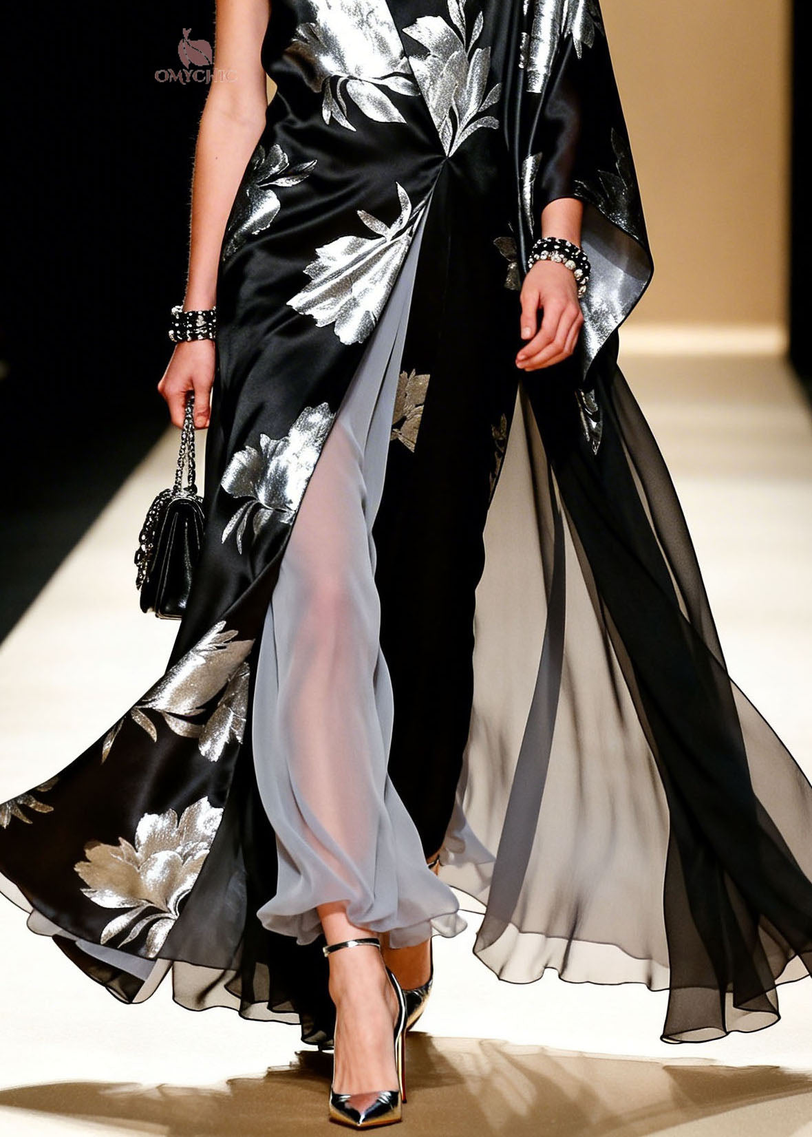 Metallic Floral Print Satin Chiffon Asymmetrical Cape Sleeve Deep V-Neck Maxi Jumpsuit