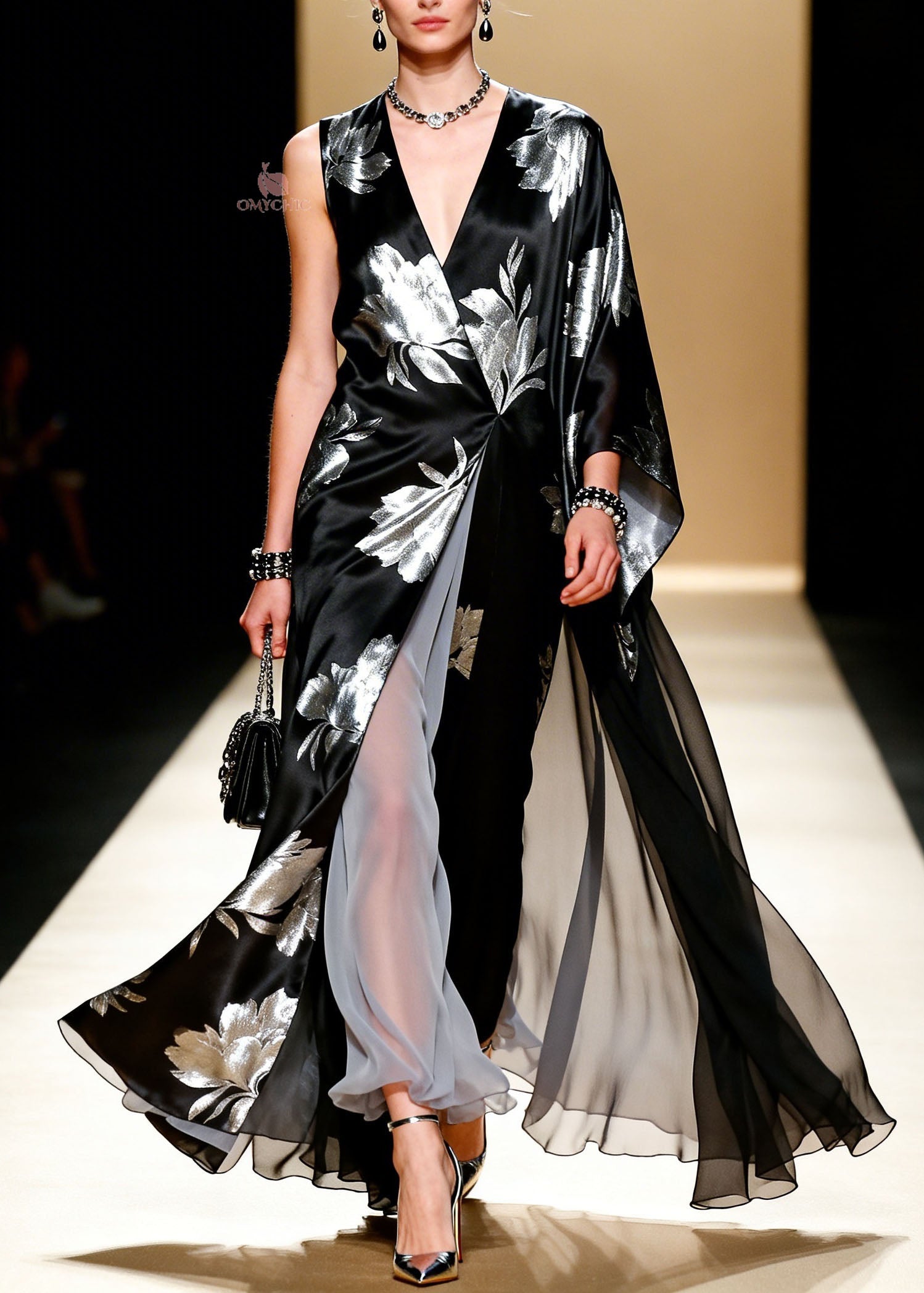 Metallic Floral Print Satin Chiffon Asymmetrical Cape Sleeve Deep V-Neck Maxi Jumpsuit