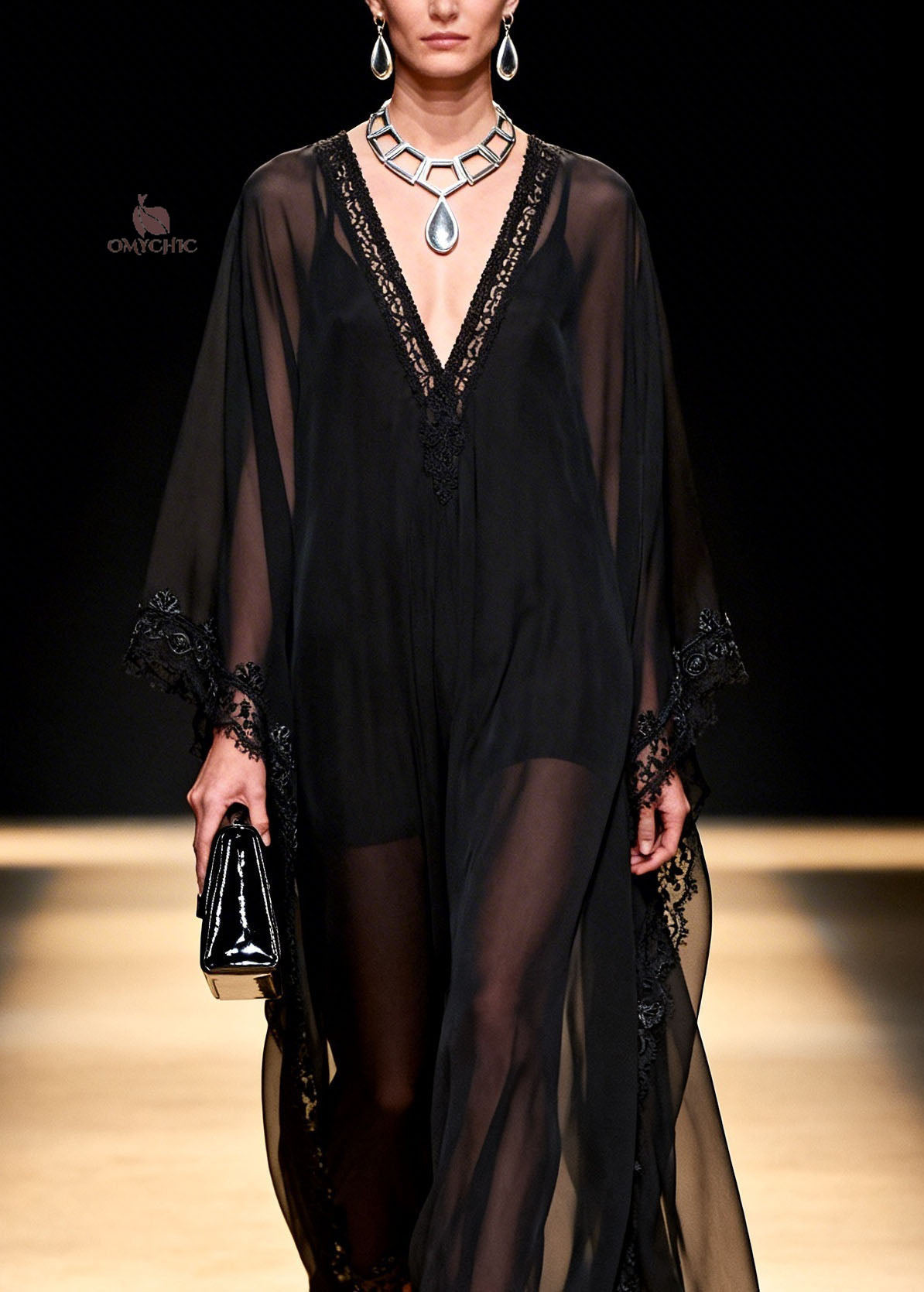 Women Black V Neck Patchwork Chiffon Maxi Dresses Summer - View 2