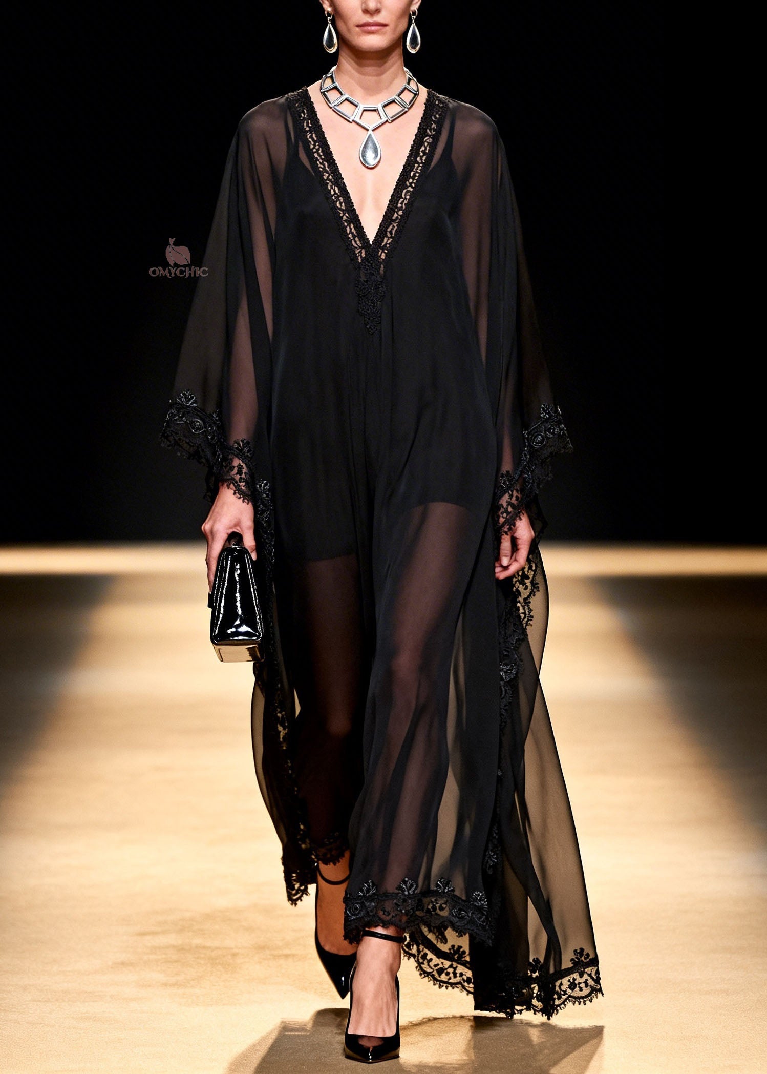 Women Black V Neck Patchwork Chiffon Maxi Dresses Summer - View 5