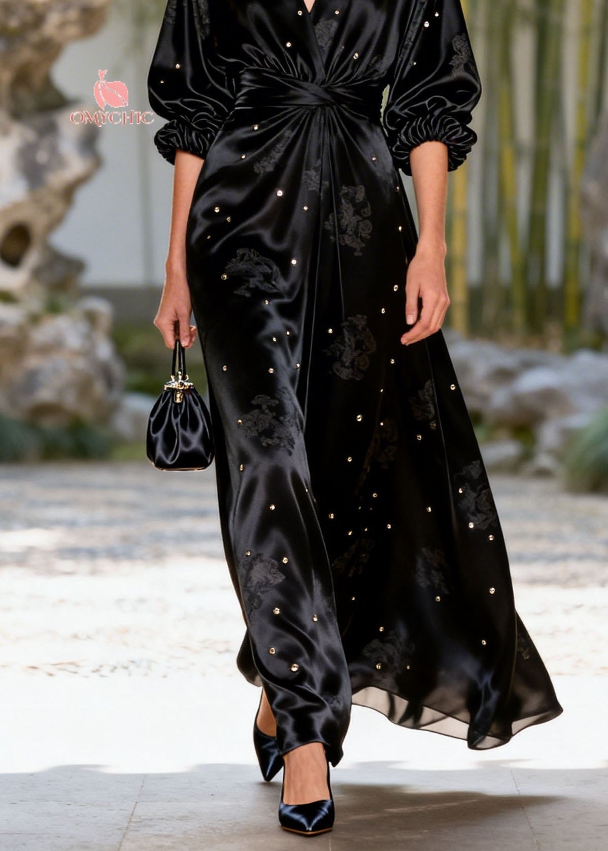 Jacquard Floral Deep V-Neck Wrap Waist Stud Embellished Puff Sleeve Maxi Gown
