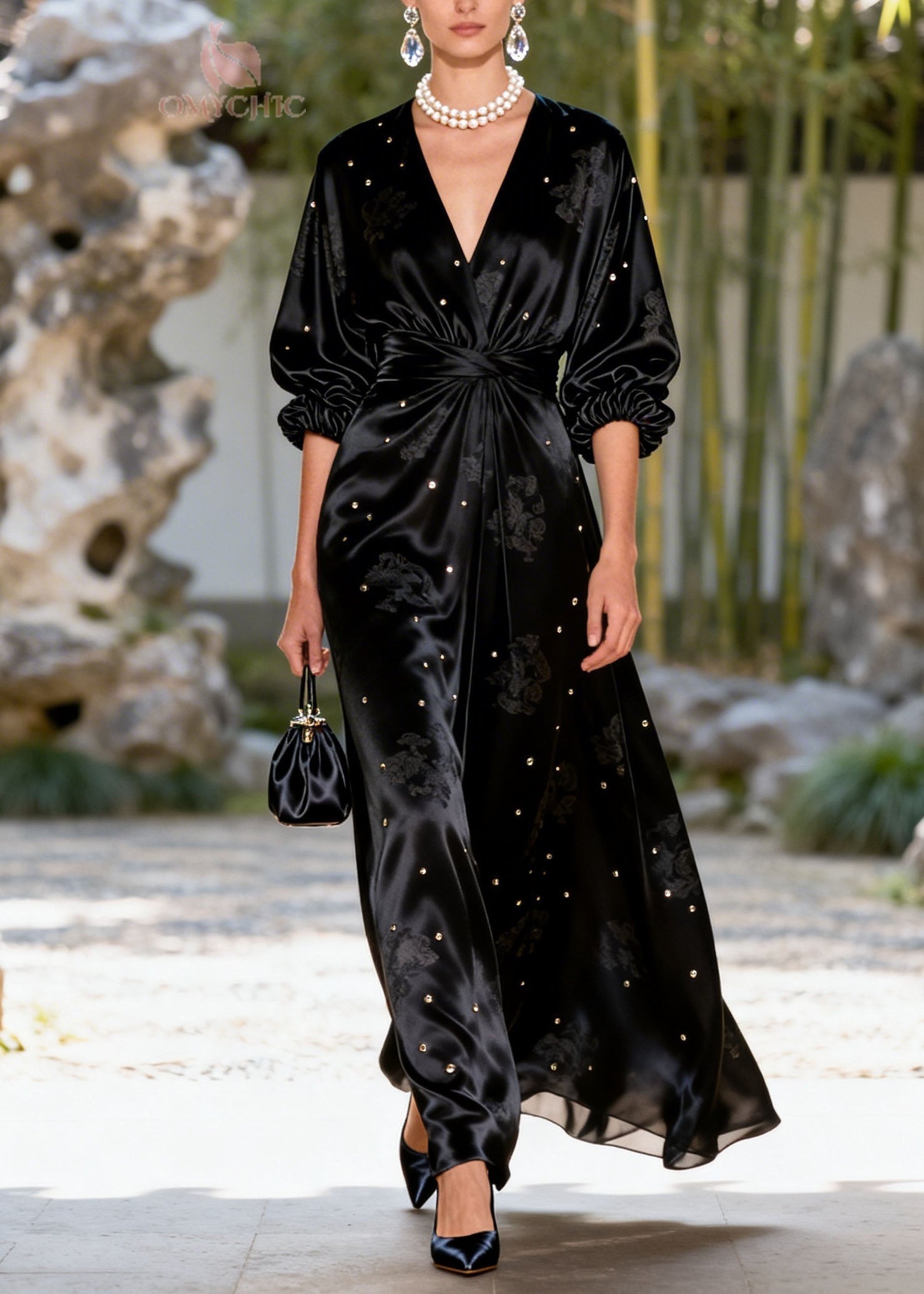 Jacquard Floral Deep V-Neck Wrap Waist Stud Embellished Puff Sleeve Maxi Gown