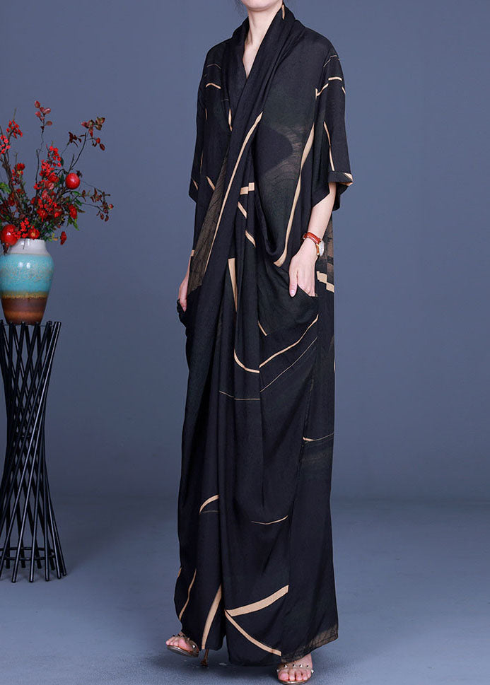 Geometric Print Deep V-Neck Scarf Collar Short Sleeve Draped Maxi Dress