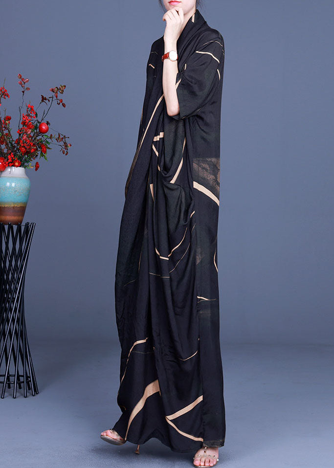 Geometric Print Deep V-Neck Scarf Collar Short Sleeve Draped Maxi Dress