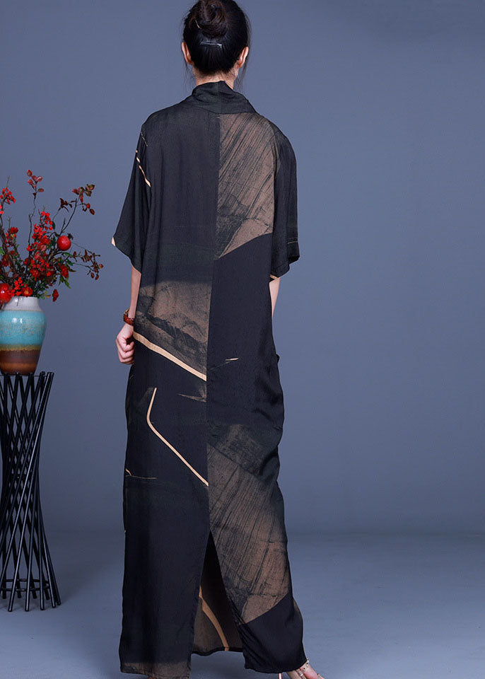 Geometric Print Deep V-Neck Scarf Collar Short Sleeve Draped Maxi Dress