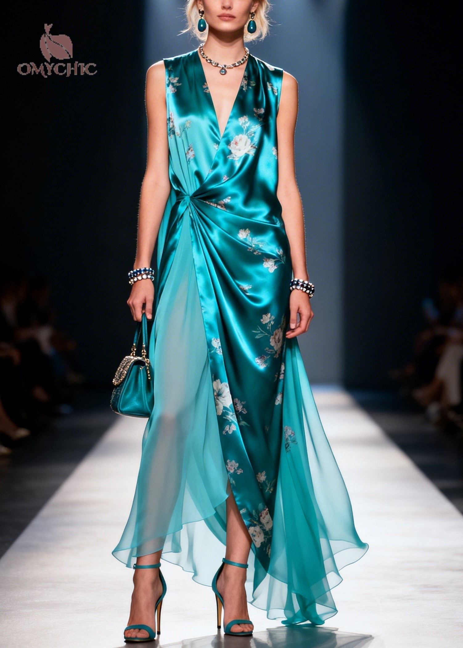 Satin Floral Print Deep V-Neck Wrap High Split Chiffon Layer Maxi Gown