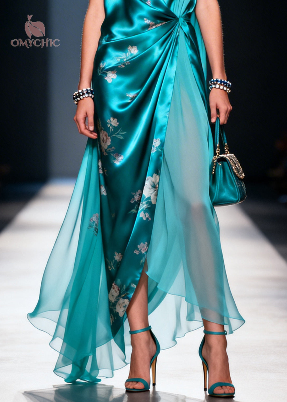 Satin Floral Print Deep V-Neck Wrap High Split Chiffon Layer Maxi Gown