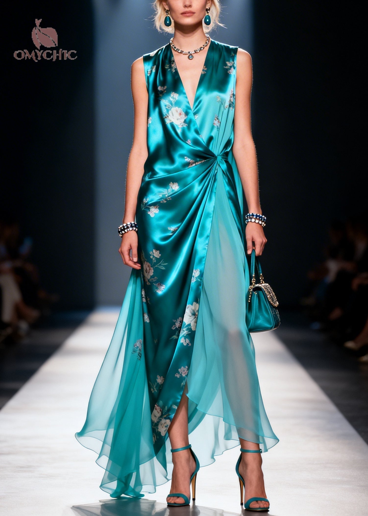Satin Floral Print Deep V-Neck Wrap High Split Chiffon Layer Maxi Gown