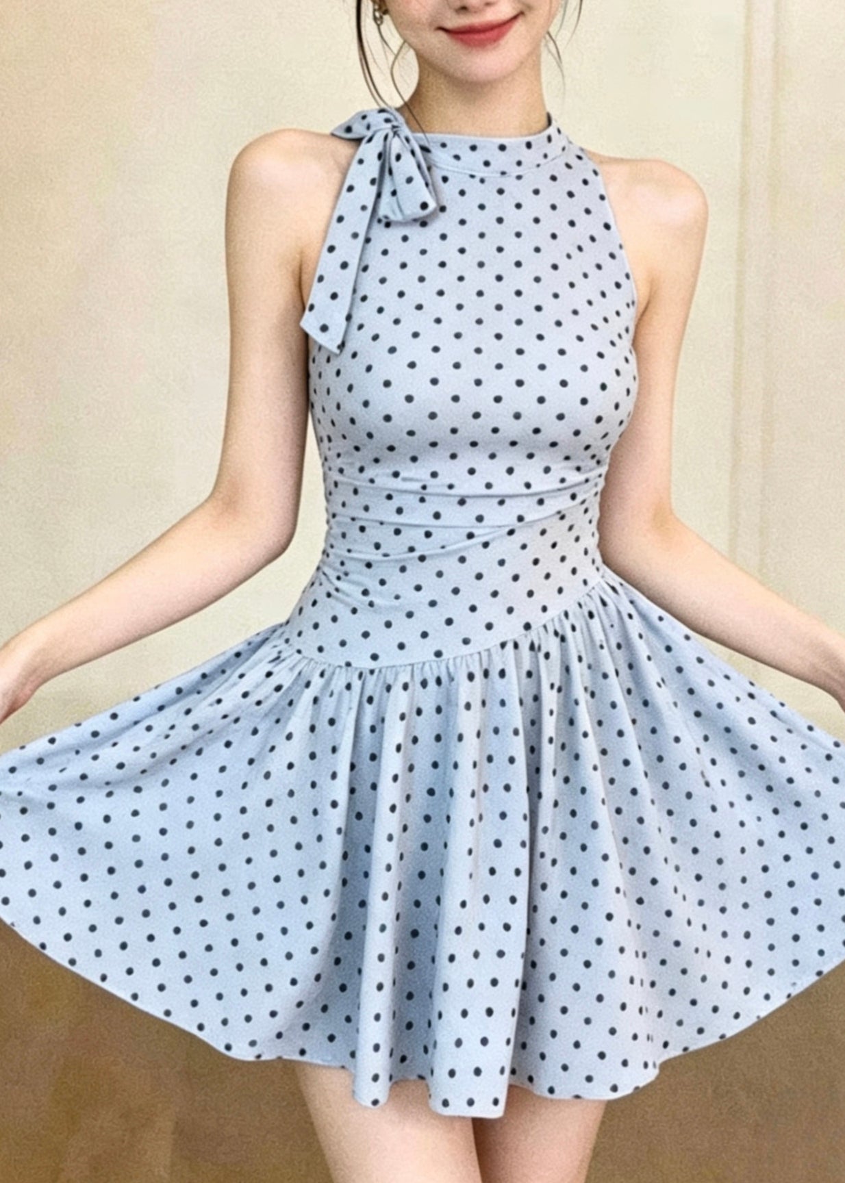 Women Blue Bow Dot Print Swimwear Dress Bodysuits