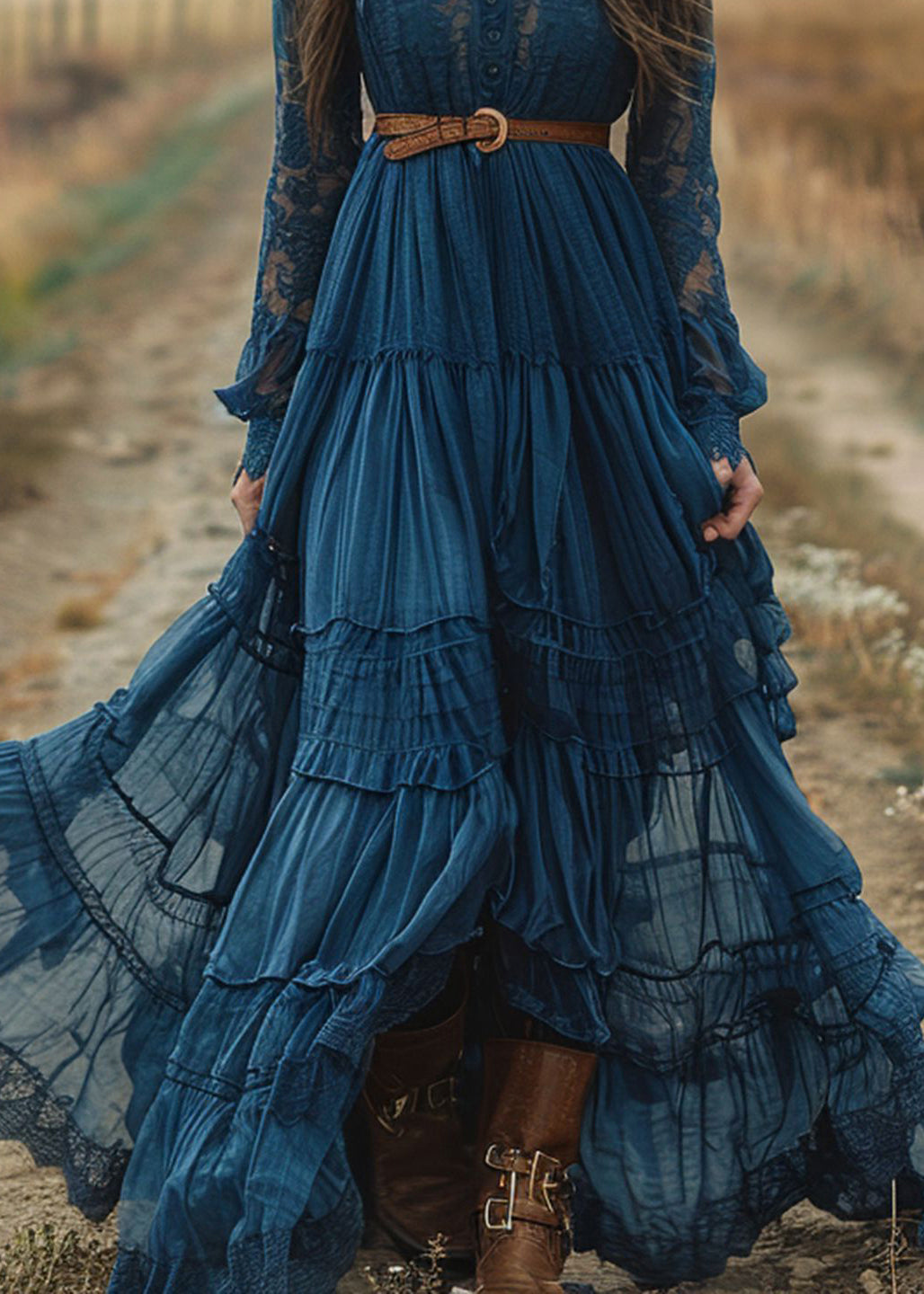 Women Blue Lace Ruffled Patchwork Cotton Robe Dresses Spring 4