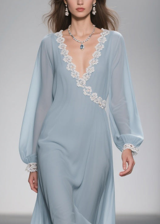 Chiffon Wrap Lace Trim V-Neck Bishop Sleeve Ruffle High Low Midi Dress