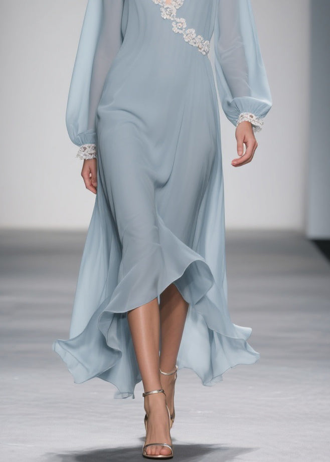 Chiffon Wrap Lace Trim V-Neck Bishop Sleeve Ruffle High Low Midi Dress