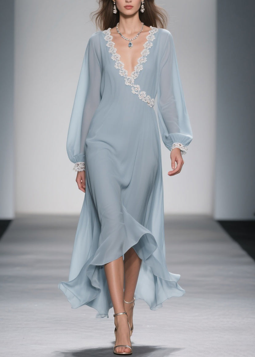 Chiffon Wrap Lace Trim V-Neck Bishop Sleeve Ruffle High Low Midi Dress
