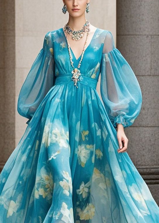 Chiffon Abstract Floral Print Deep V-Neck Lantern Sleeve Belted Flowy Maxi Dress