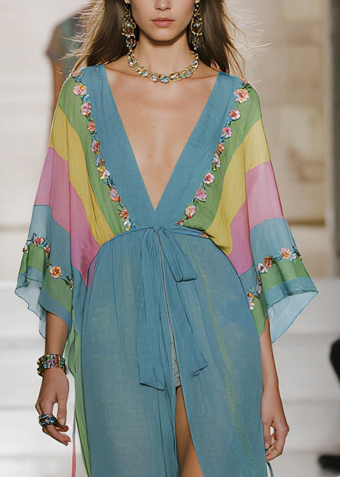 Floral Embroidery Deep V-Neck Kimono Sleeve Tie Waist High Split Chiffon Maxi Gown