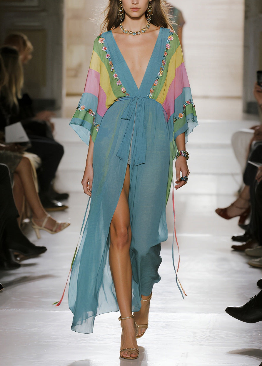 Floral Embroidery Deep V-Neck Sleeve Tie Waist Maxi Gown - View 3