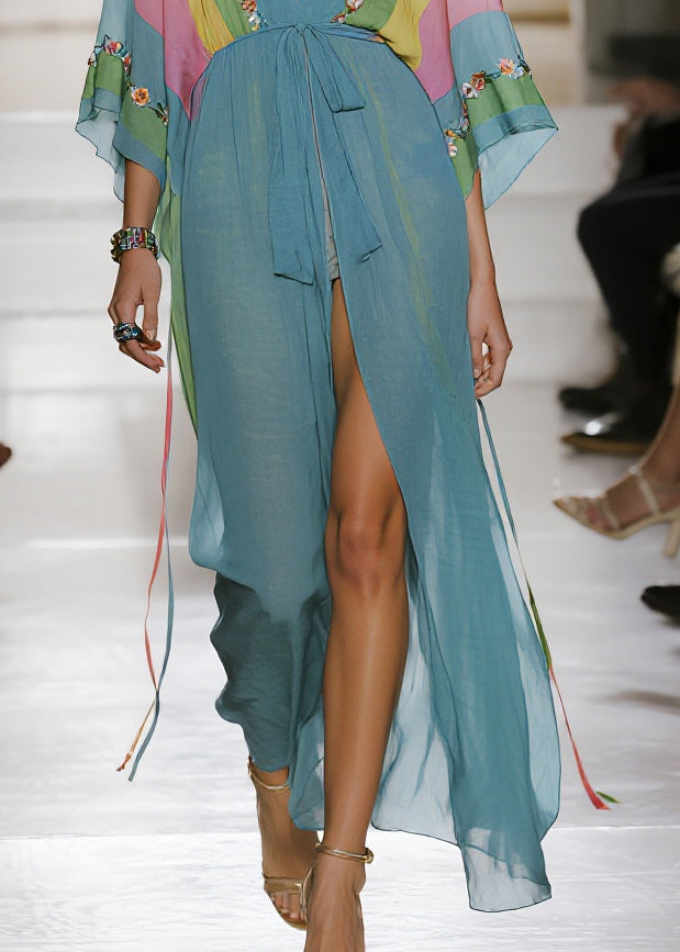 Floral Embroidery Deep V-Neck Sleeve Tie Waist Maxi Gown - View 4