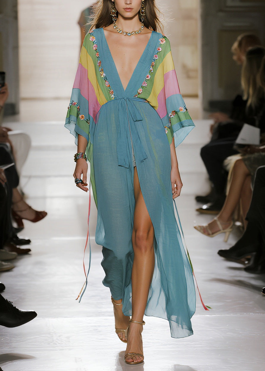 Floral Embroidery Deep V-Neck Sleeve Tie Waist Maxi Gown - View 5