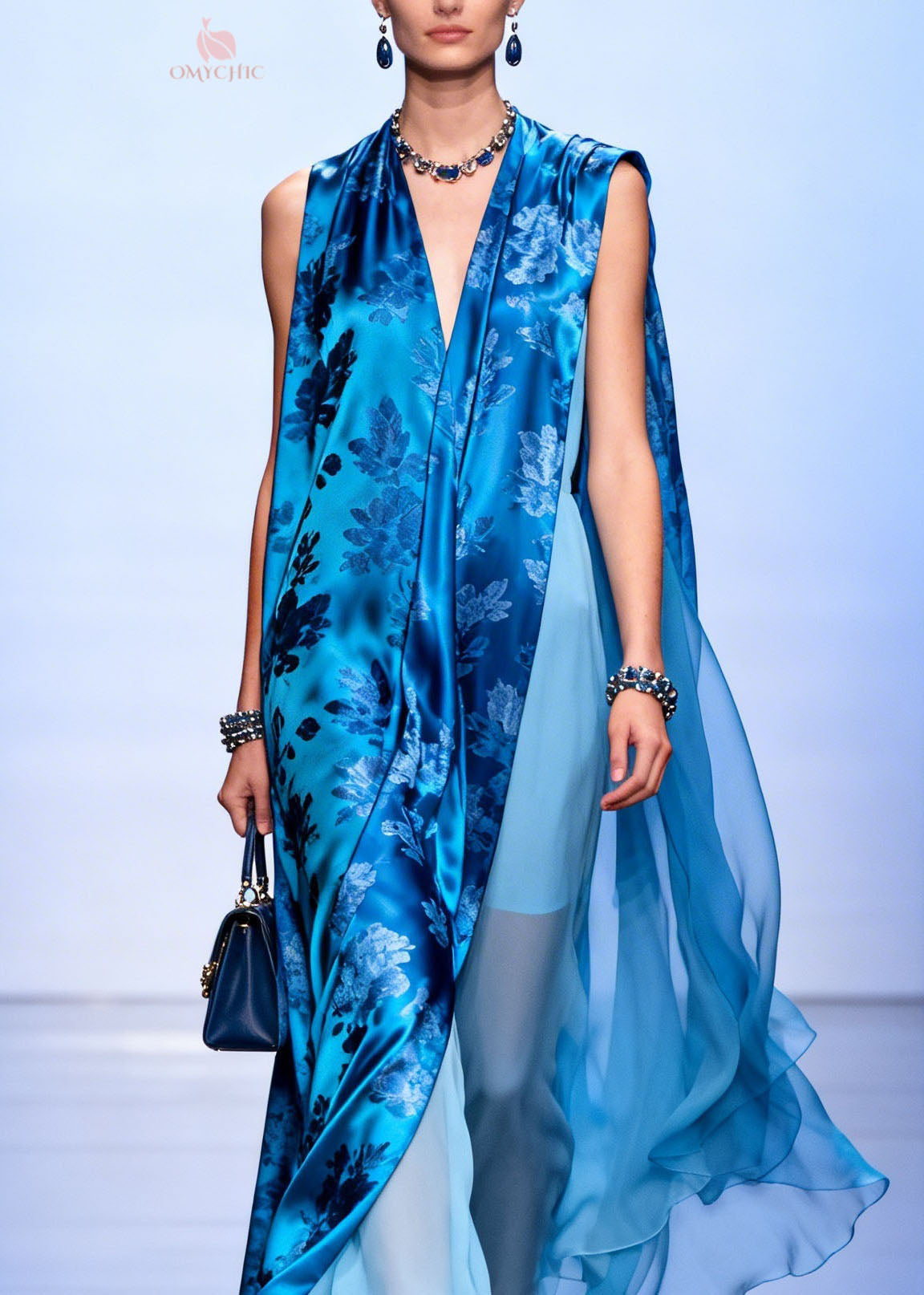 Chiffon Floral Print Sleeveless Deep V-Neck Sheer Cape Ruffle Tiered Hem Maxi Gown