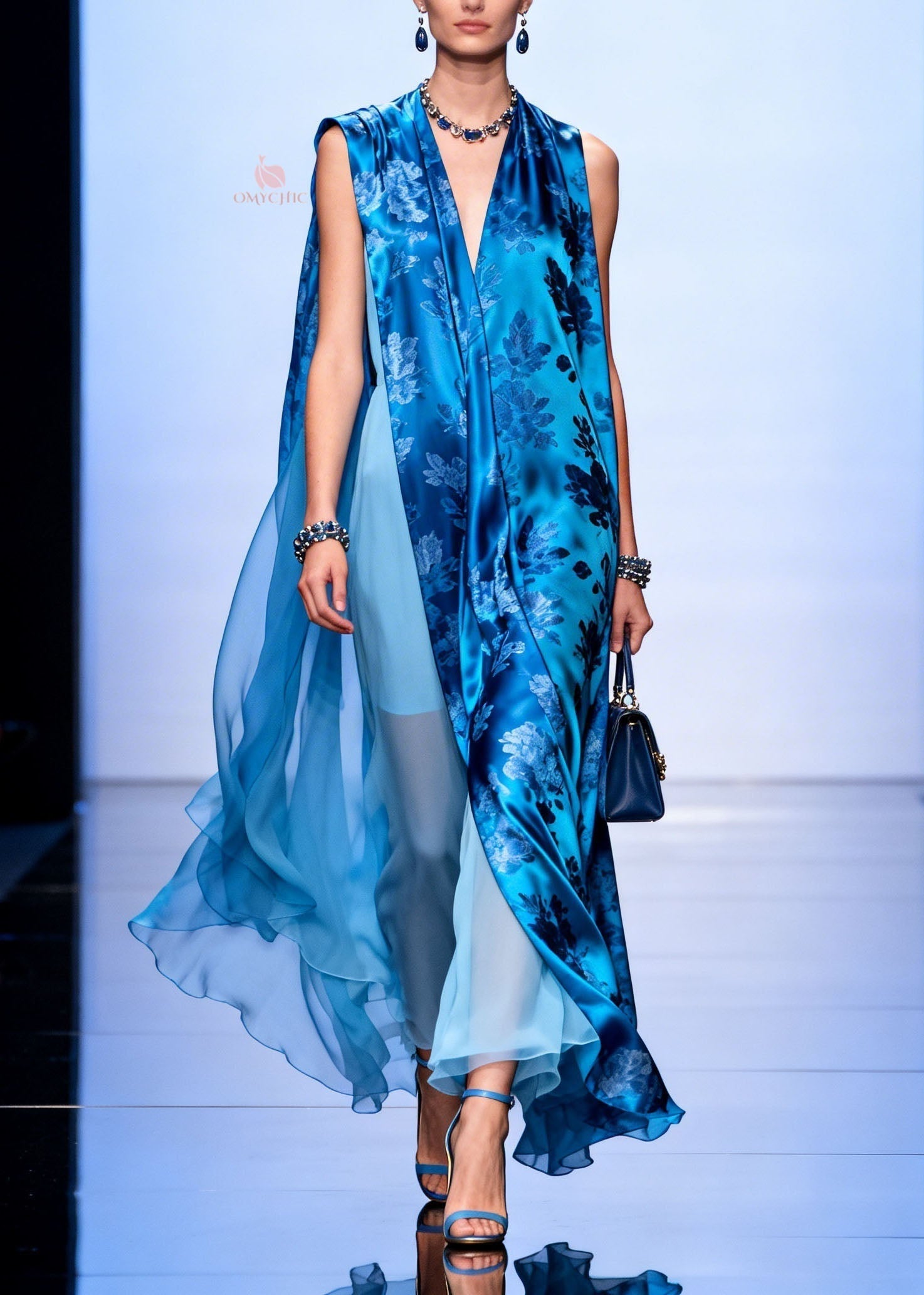 Chiffon Floral Print Sleeveless Deep V-Neck Sheer Cape Ruffle Tiered Hem Maxi Gown
