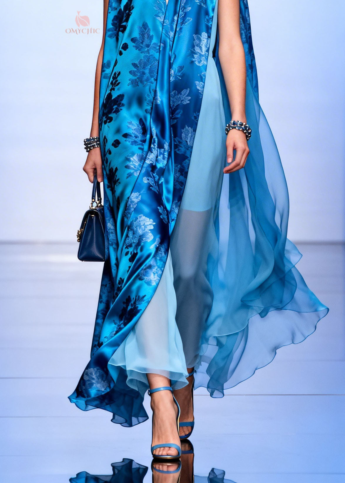Chiffon Floral Print Sleeveless Deep V-Neck Sheer Cape Ruffle Tiered Hem Maxi Gown