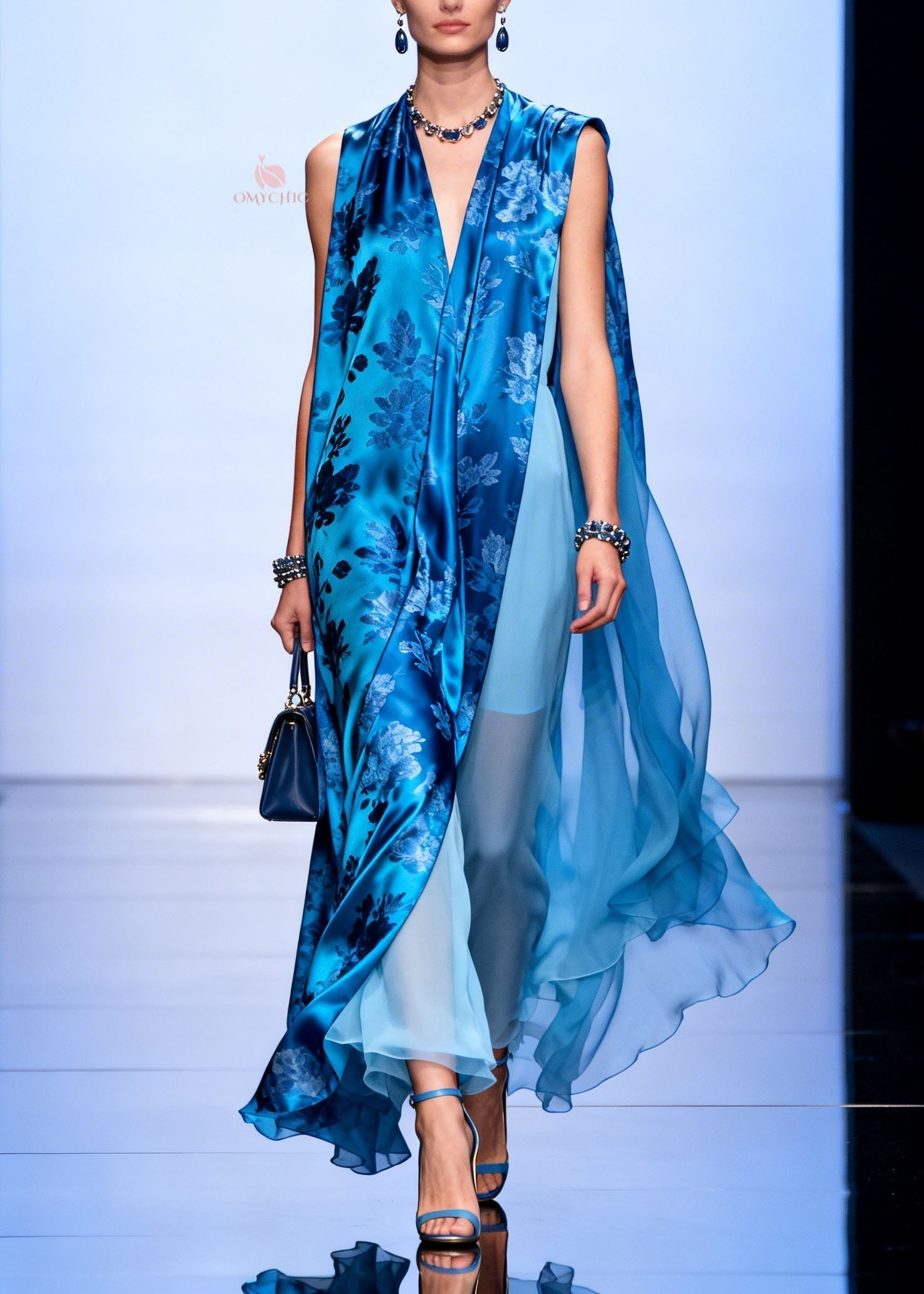 Chiffon Floral Print Sleeveless Deep V-Neck Sheer Cape Ruffle Tiered Hem Maxi Gown