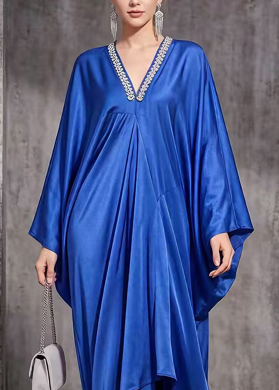 Satin Rhinestone Deep V-Neck Batwing Sleeve Draped Kaftan Maxi Gown