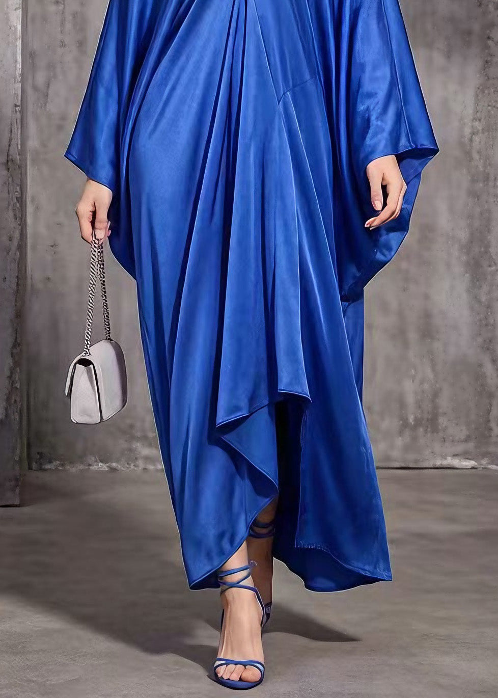 Satin Rhinestone Deep V-Neck Batwing Sleeve Draped Kaftan Maxi Gown