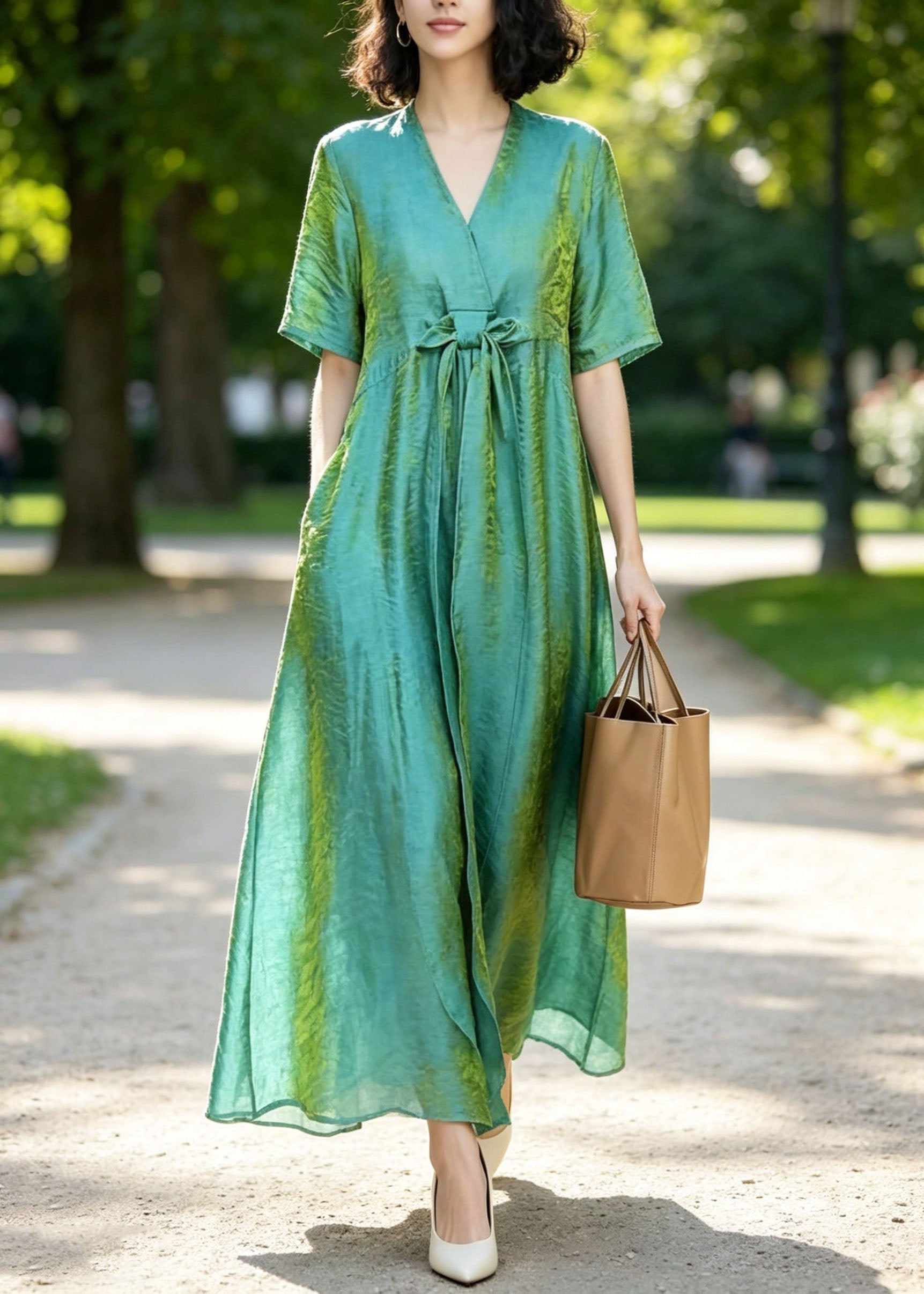 Metallic Crinkle V-Neck Tie Waist Short Sleeve Maxi Dress